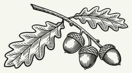 Vintage Oak Leaves and Acorns Engraving Illustration