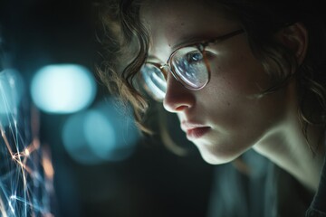 Advanced tech analysis by a modern, focused woman. Virtual teamwork icons. Immersive tech environment for the modern data analyst. Internet collaboration concept. People connecting online.