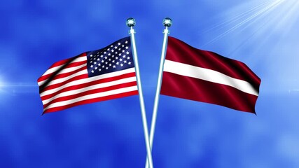 USA and Latvia Flag Waving On Pole Loop
