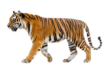 Fototapeta premium A majestic tiger walking gracefully across a white background. its orange and black stripes. representing wildlife beauty and conservation efforts