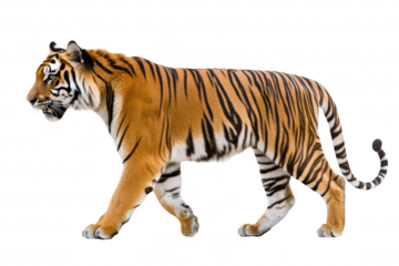 A majestic tiger walking gracefully across a white background. its orange and black stripes. representing wildlife beauty and conservation efforts