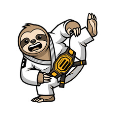 Naklejka premium Cartoon Sloth in Gi with Championship Belt Performing a High Kick