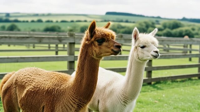Two friendly alpacas one brown and one white standing together in a green meadow on a farm. Idyllic rural landscape with a beautiful countryside view. Panoramic web banner background