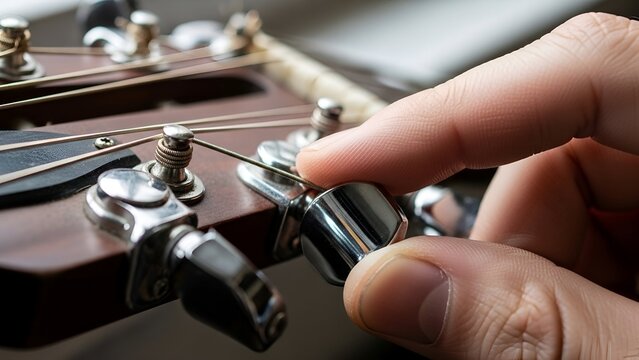 Close-up of Hand Adjusting Guitar Tuning Peg in Studio Setting