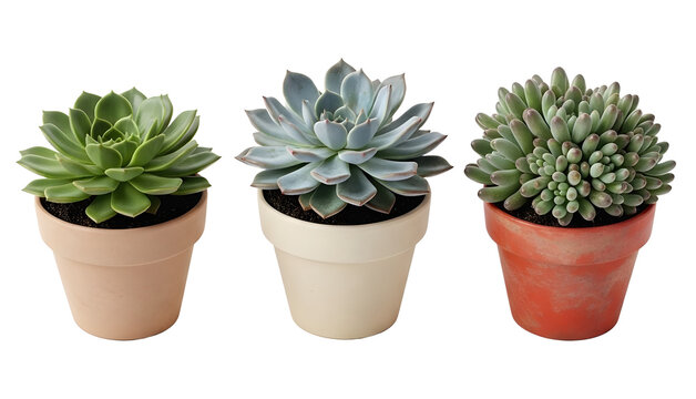 Variety of small green and blue potted succulent plants, perfect for indoor gardening design. isolated PNG with Transparent Background