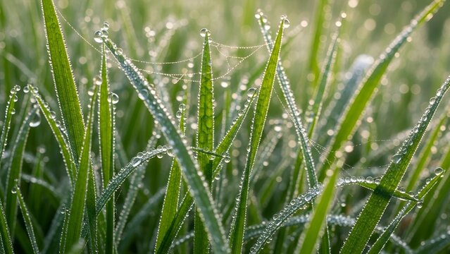 Dew Covered Grass with Spider Webs in Morning Light