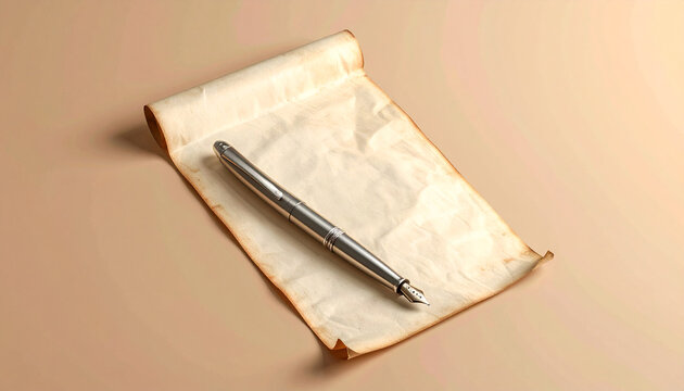 Silver pen resting on a piece of parchment paper with curled edges on a beige surface.