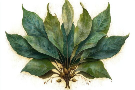 Calm botanical study of a radial cluster of large green lanceolate leaves with textured veins and small brown seed pods on a white background
