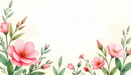 Naklejka premium Watercolor floral arrangement with pink flowers buds and green leaves on a cream colored background