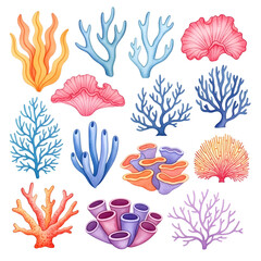 Detailed set of colorful tropical corals, sea sponges, and ocean underwater plants collection isolated PNG with Transparent Background