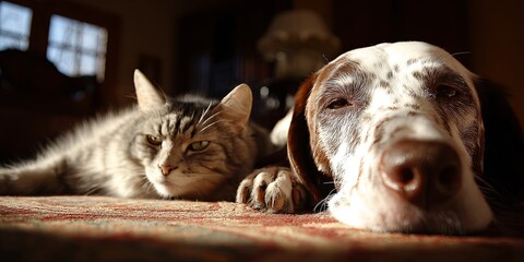 Playful Dog and Relaxed Cat Share a Sunlit Moment in a Cozy Home Environment with Soft Textures and Natural Light