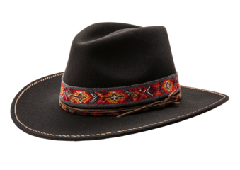 Dark felt hat with tribal-patterned band