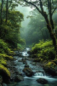 Misty moss-covered forest with a winding rocky stream and small cascading waterfalls, a tranquil and serene woodland scene