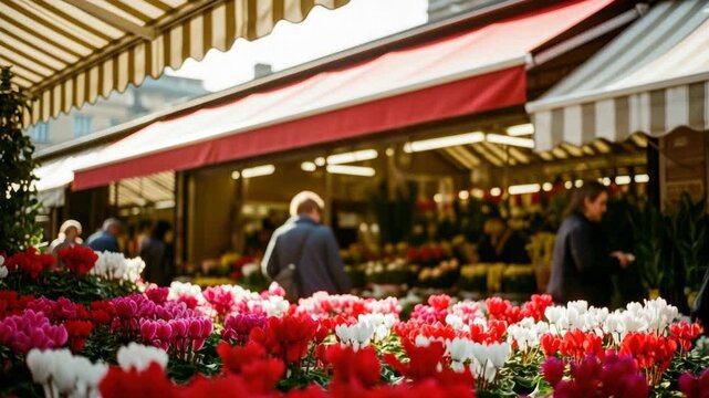 Colorful cyclamen flowers for sale at a classic european street market stall. People browsing the vibrant floral display under striped awnings on a beautiful sunny day