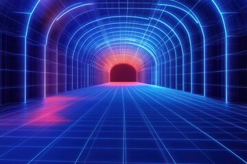 Neon blue wireframe tunnel with glowing red-orange portal at the end, arched grid corridors and reflective tiled floor evoking futuristic anticipation and cinematic atmosphere