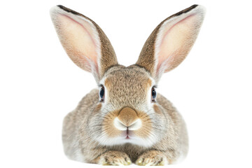 Obraz premium A close-up view of a fluffy brown rabbit with large ears. sitting calmly against a white background. its cute features. perfect for nature or animal-themed projects