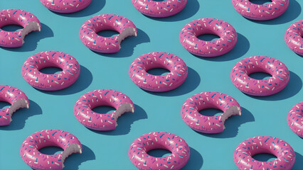  Seamless 3D Render Pink Inflatable Donut Pattern on Blue Background