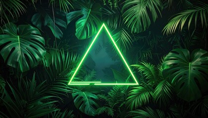 Neon triangle over lush tropical leaves