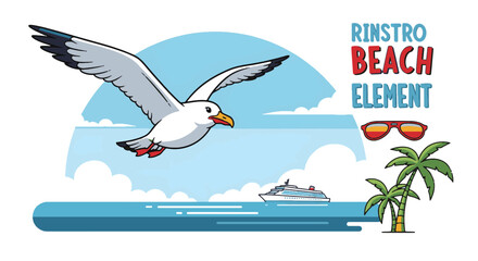 Vibrant Retro Beach Scene Illustration Flying Seagull, Palm Trees, and Ocean Cruise