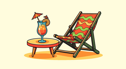Relaxing Retro Beach Scene with Classic Striped Deck Chair and Tropical Cocktail