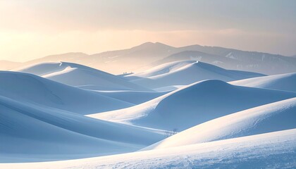 Vast landscape of snow-covered dunes at sunrise. Distant mountains and a soft, warm glow