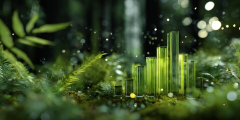 Glass bar graphs representing growth and sustainability in a vibrant green environment filled with lush foliage and shimmering lights