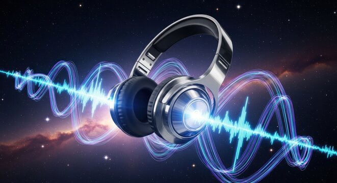 Futuristic Headphones with Sound Waves in Cosmic Space, Music Concept