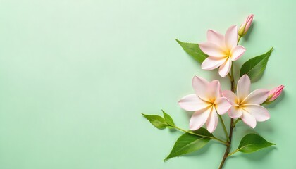 Fototapeta premium Close up of frangipani flowers with green leaves and pink buds on a light green background surface