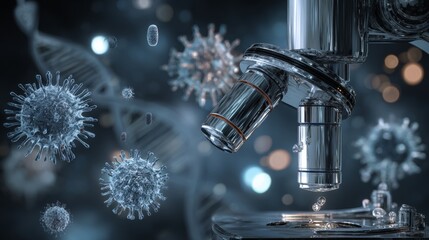 Exploring biotechnology: the intersection of chemistry and genomics. Viral contamination. Scientific exploration: drugs, laboratory tools, and dna in a blue hue. Deadly viruses.