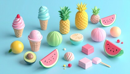 Stylized fruit & treat collection on light blue backdrop