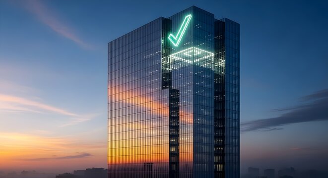 Modern skyscraper with glowing checkmark symbolizing success, innovation, and digital transformation during a vibrant sunset, perfect for corporate branding
