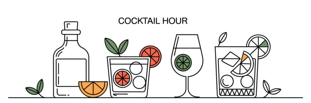 Cocktail hand-sketched drink illustration with ink style glassware, classic mixed beverages and artistic doodle details ideal for party menus, wedding prints and festive graphic projects.
