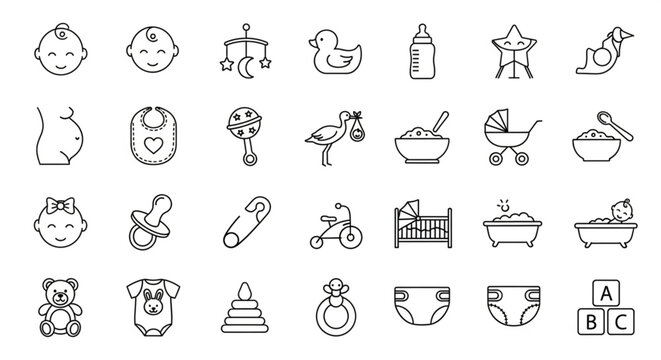 Baby Accessories Icons Set, Nursery Items, Early Childhood Care, Vector Illustrations, Minimalist Design, Front View, Parenting Concept