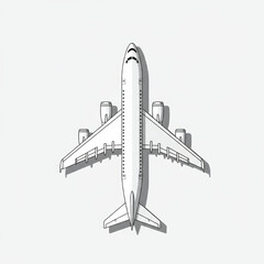Top-down view of a white airplane with four engines casting a shadow on a white background, minimalist design.