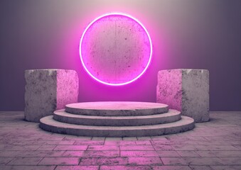 Concrete display podium with pink neon ring and blocks.