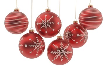 Vibrant red christmas baubles with white snowflake patterns