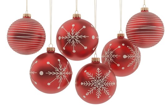 Vibrant red christmas baubles with white snowflake patterns