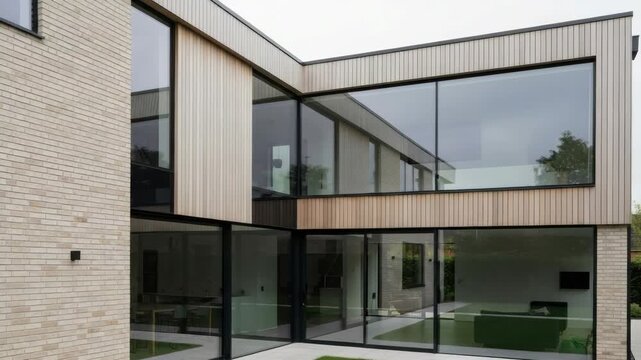 Contemporary residential architecture featuring a modern house with brick and wood cladding. Expansive glass windows and sliding doors connect the interior to the backyard