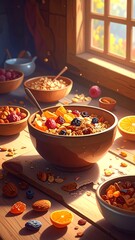 A sunlit kitchen scene with bowls of cereal and fresh fruit on a wooden table near a bright window
