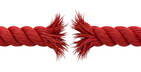 Red rope fraying and tearing symbolizing weakness, danger, and reaching the breaking point isolated PNG with Transparent Background