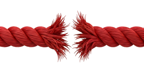 Red rope fraying and tearing symbolizing weakness, danger, and reaching the breaking point isolated PNG with Transparent Background