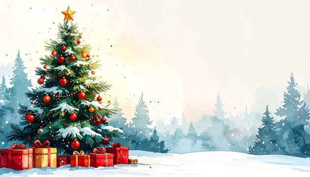 Watercolor depiction of a decorated Christmas tree in a snowy forest