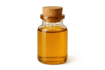 Glass bottle with a cork stopper holding a golden liquid, suggesting natural oil, serum, beauty product or an ancient elixir