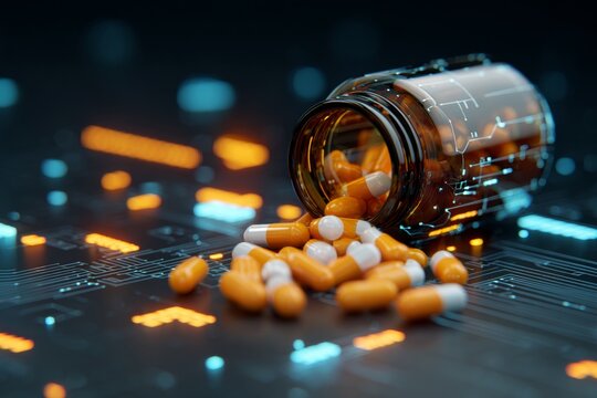 Healing colors: a vibrant display of medicine and wellness. Technology progress. Vibrant surface: repositioned pills with a medicine bottle focus. Digital innovation. Machine learning. - Powered by Adobe