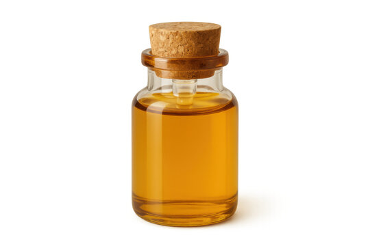 Glass bottle with a cork stopper holding a golden liquid, suggesting natural oil, serum, beauty product or an ancient elixir