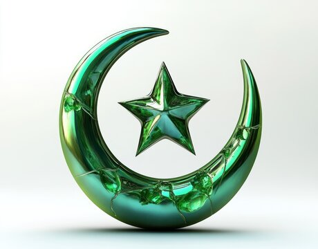 green cracked metallic crescent moon encircling a matching five-pointed star with glossy reflective surface and crystalline fractures, evoking fragile resilience and serene mystery