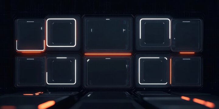 A dark futuristic control wall of illuminated glass display panels with glowing white and orange neon edges reflected on a glossy floor, creating a sleek mysterious high-tech atmosphere