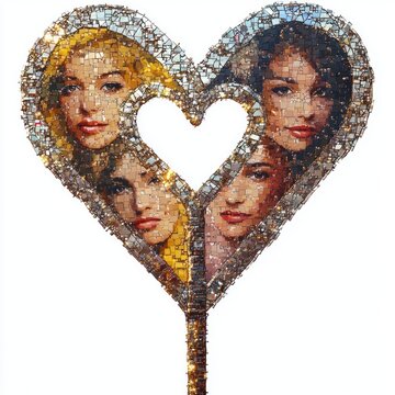 heart-shaped photo mosaic collage on a slender stem with thousands of tiny tiles and four rectangular photo panels in warm golden and brown tones, sentimental affectionate mood