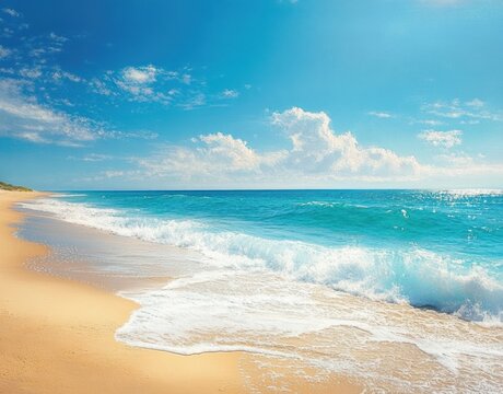 Sunlit sandy beach with turquoise ocean, foamy surf and blue sky dotted with clouds, empty coastline evoking calm and relaxed summer serenity - Powered by Adobe