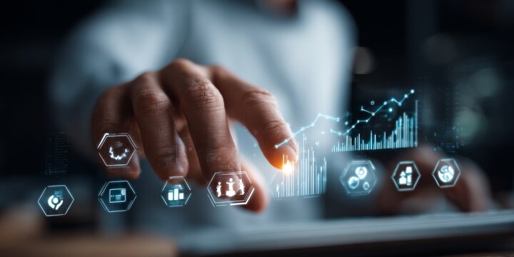 Business professional analyzing data trends with digital graphs and icons in a modern office setting